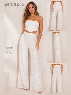 NWT Petal & Pup White Sequin Wide Leg Pants Size 4